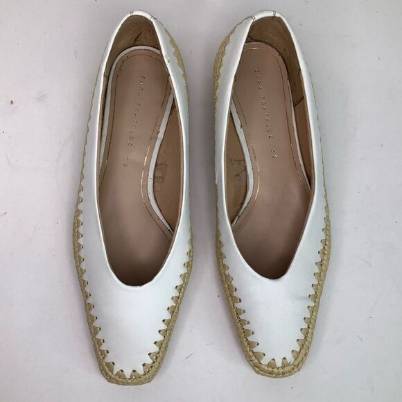 Zara Trafaluc White Leather Wheat Braided Edges Slip On Ballet Flat Sz 36/USA 6 - Picture 5 of 9